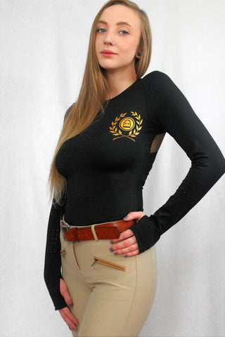 Hacks & Hills Long Sleeve Equestrian T with mesh back in black with gold accents